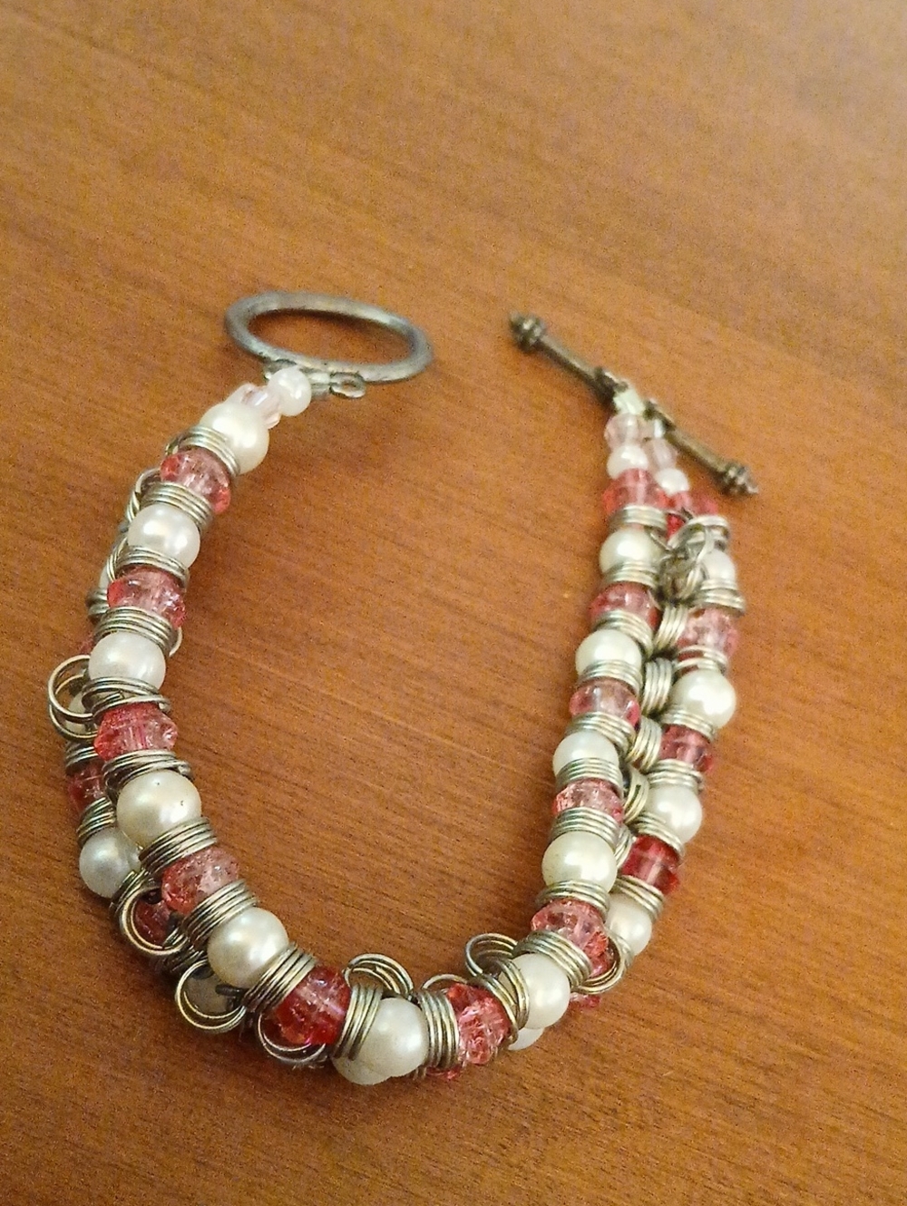Handmade Pink and Faux Pearl Beaded Bracelet Toggle Closure Small Bracelet